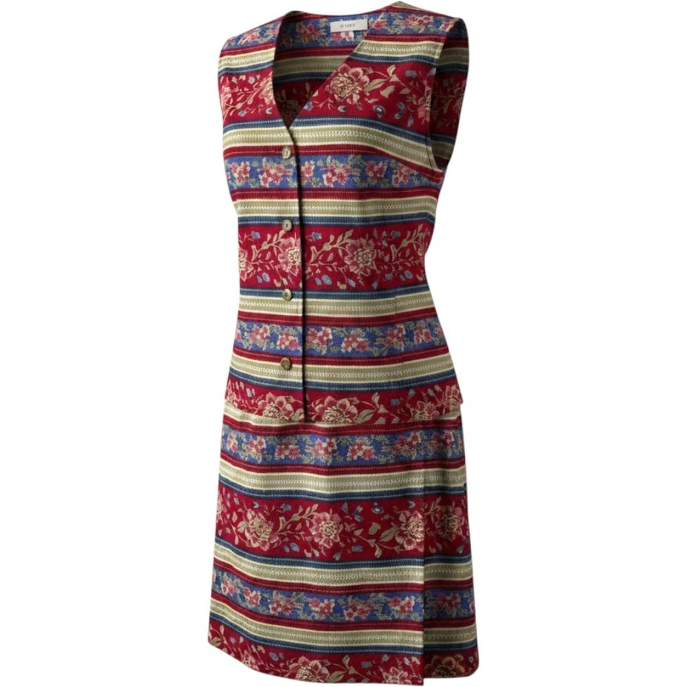 Talbots Petites Vintage Red Floral Tapestry Vest and Skirt Two Piece Set Large
